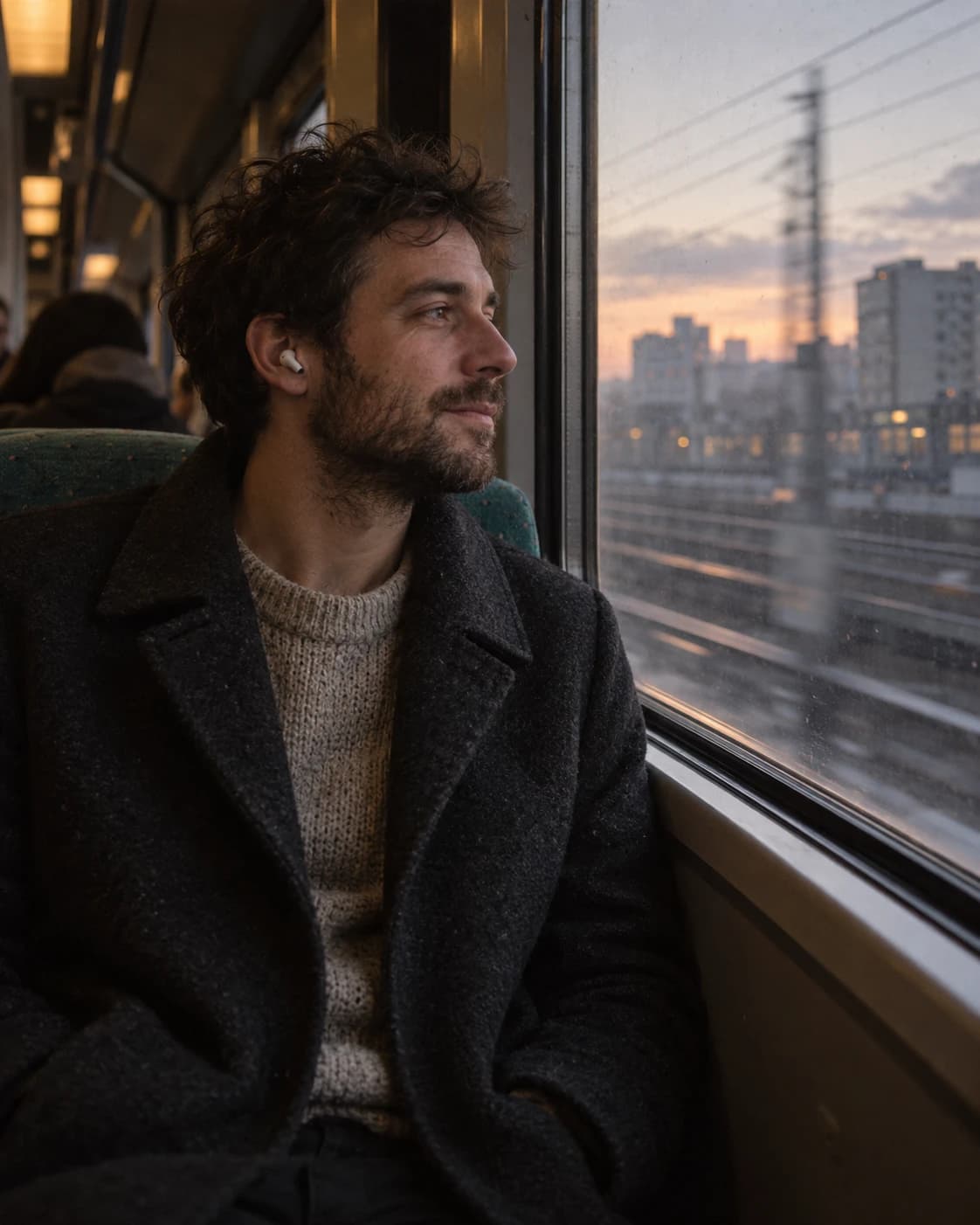 A man listens with one earbud in, sitting by the window of a train at sunrise.
