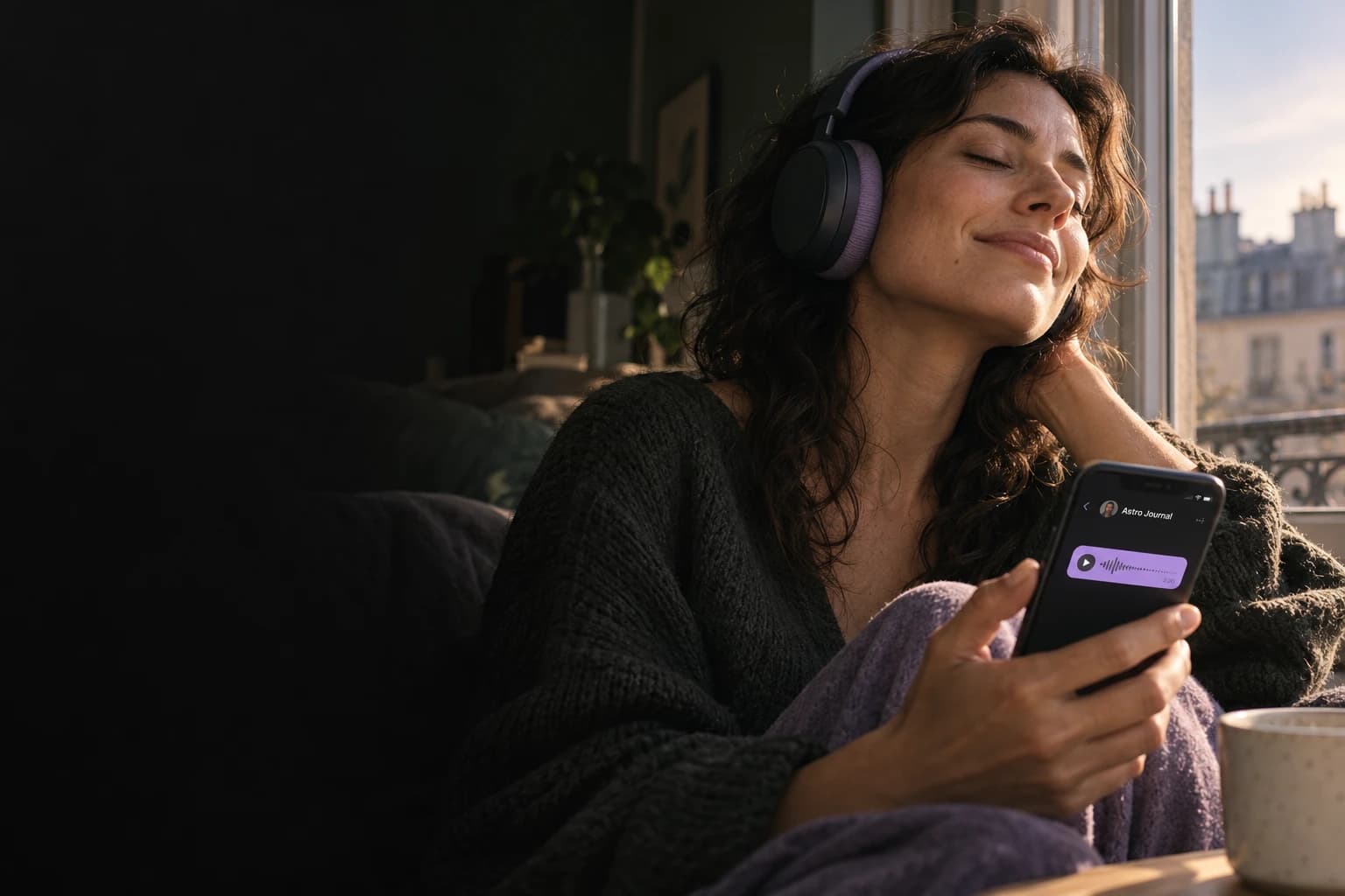 A woman listens to her horoscope with her eyes closed, headphones on, by a window in the early morning.